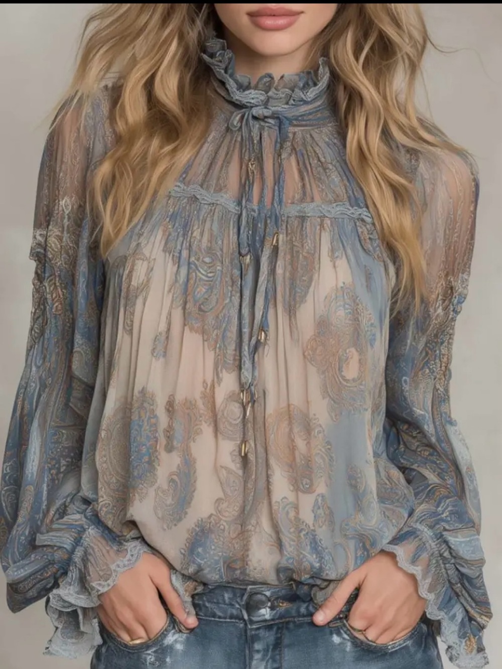 Sheer Paisley Ruffle-Tie Blouse in Dusty Blue and Cream